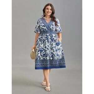 Bloomchic Blue Floral Print Wrap Neck Midi Dress With Pockets Short Sleeve Plus